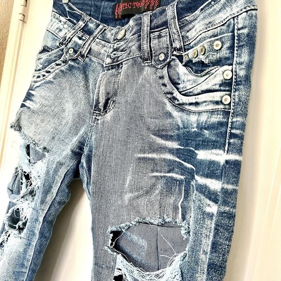 Erotic Touch Blue Jeans Size 9 / 10 28 Straight Embellished Distressed Torn - Picture 5 of 16